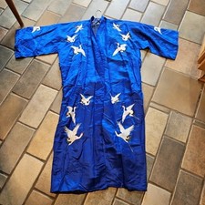 TRUE Vtg Stunning Silk Royal Blue Embroidered Herons Birds Asian Robe L/XL 46"