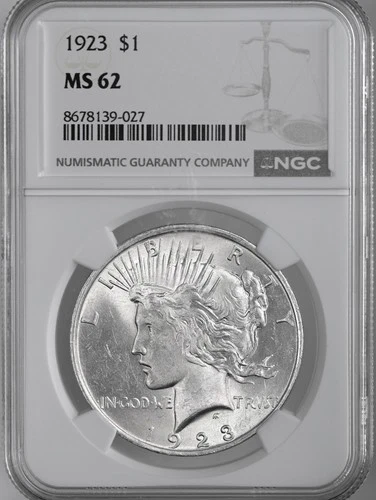 1923-P  $1  PEACE SILVER DOLLAR NGC  MS62  #8678139-027  SCRUFFY PLASTIC HOLDER