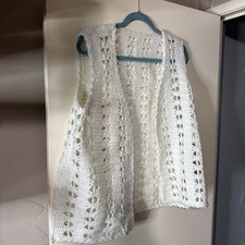 Vintage Handmade Open Knit Crochet Sweater Vest Sz Lg White And Beautiful.