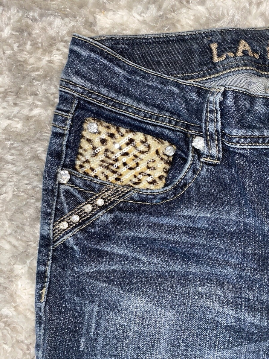 L.A.Idol USA Embellished 5 pocket Dark Denim Jeans Leopard