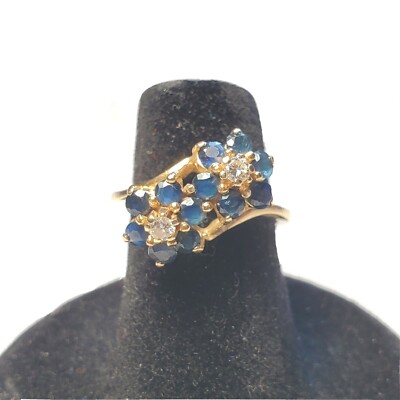 14K Gelbgold Rundschliff Saphir Diamant Blume Cluster Ring 3,4 g Größe 5,25