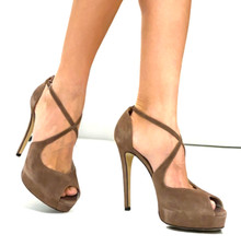 DOLCE & GABBANA Taupe, Brown Suede Strappy Peep Toe Heels Sandals, Size 38