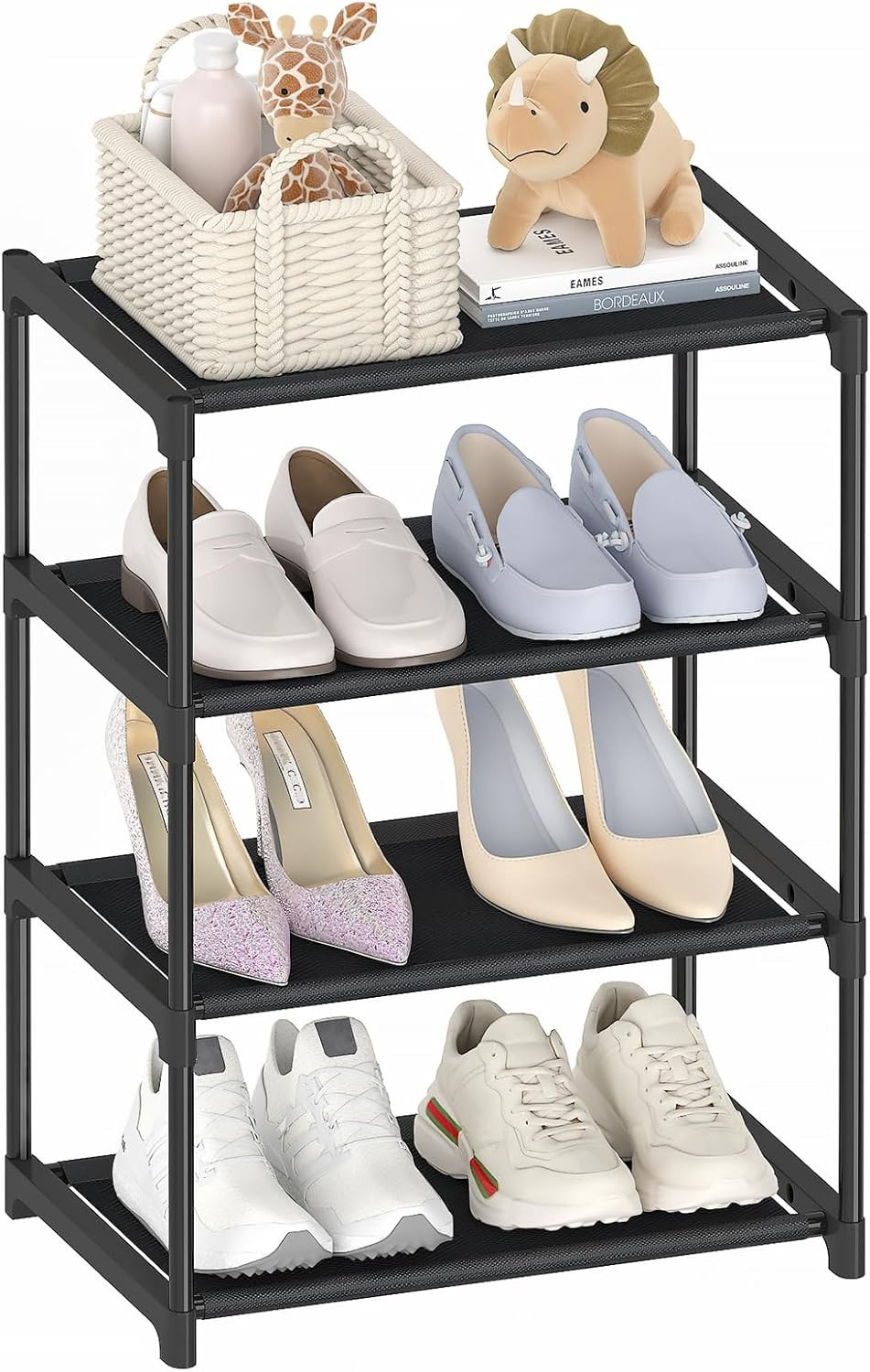 4 Tier Small Shoe Rack, Narrow Stackable Shoe Storage Organizer Shelf 