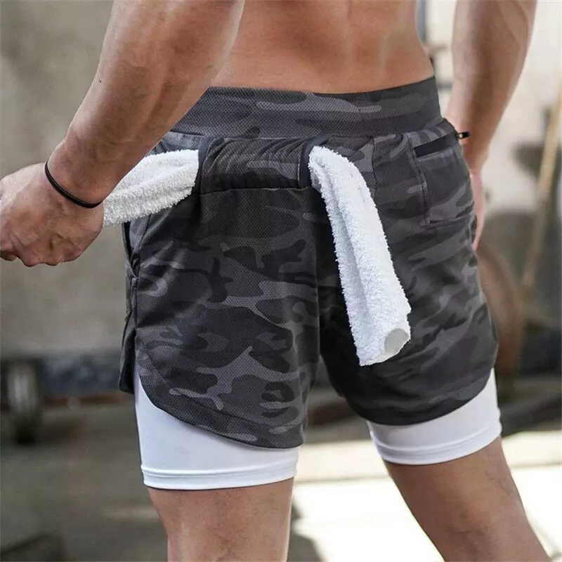 Double layer Jogger Shorts Men 2 in 1 Short Pants Gyms Fitness Built-in  pocket Bermuda