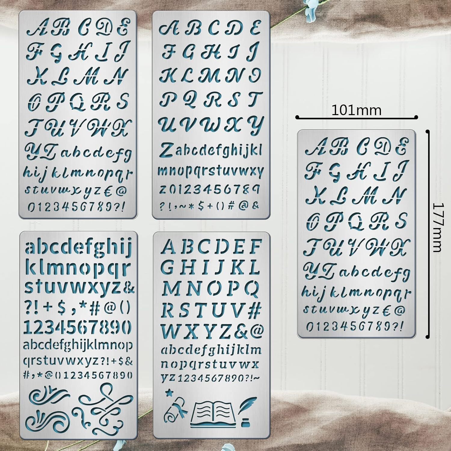 BENECREAT 4PCS 4x7 Inch Alphabet Number Metal Stencils 4 Style Steel