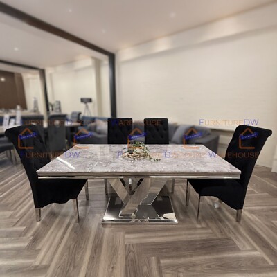 Venice Light Grey Marble Dining Table V Stand and Seater