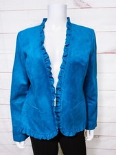 Dressbarn Womens Open Front Blazer Size L Teal Ruffle Lined Long Sleeve
