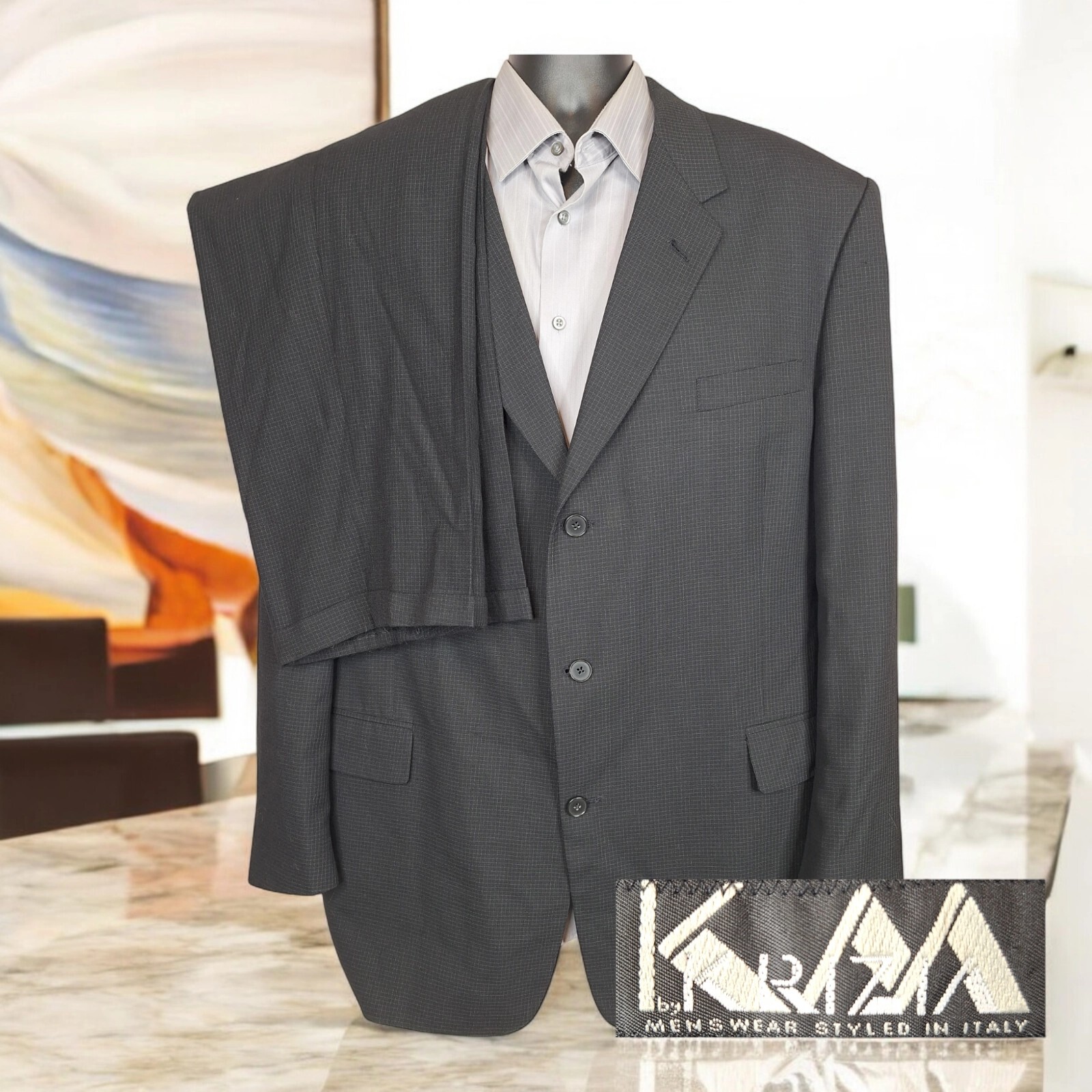 Krizia Black Check 2-Piece Men's Suit 48L 42X31 3-Button Ventless USA Made