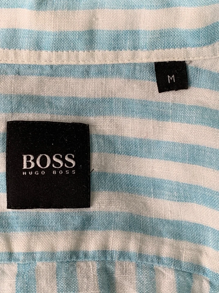 Mens Hugo Boss Blue Stripe 100% Linen Button-Up Sport Shirt M EUC 8881 Vacay - Image 3 of 4