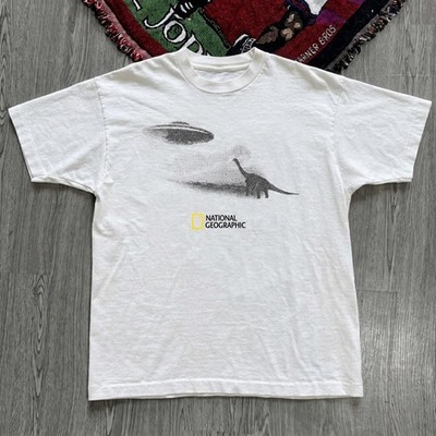 National Geographic UFO dinosaur graphic tee with black dinosaur and UFO graphic