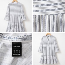 SHEIN Women's XL White Blue Stripe Tiered Midi Dress Bell Sleeve Boho Cottage