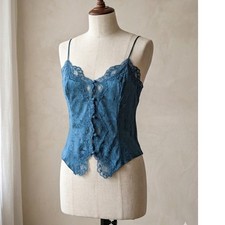 Vintage Victorias Secret Gold Label Teal Lace Jacquard Camisole Top S Button