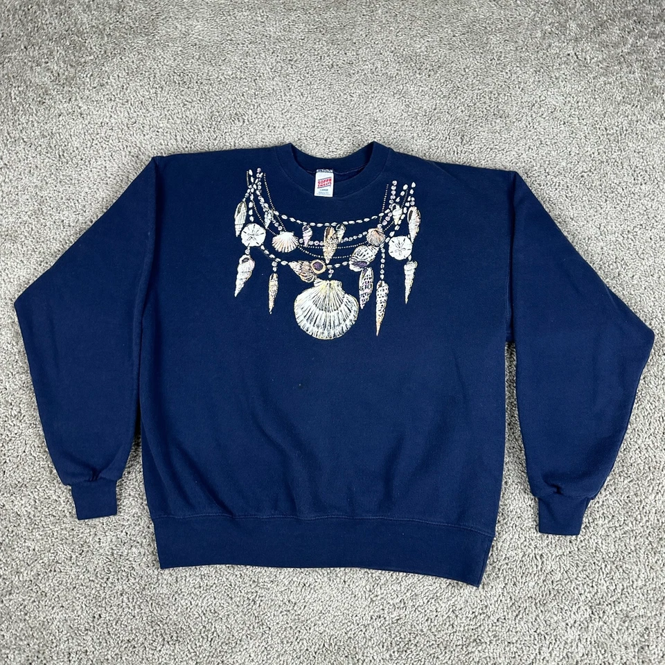 Винтажный морской ракушки толстовка женщин большой синий ожерелье печать Crewneck кофе - Изображение 2 из 4