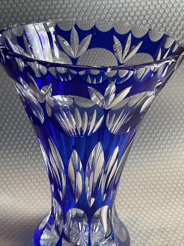 Vintage Bohemian Blue 7” Vase Czech BLUE Cut to Clear Glass ,tiny Base Chip, - Picture 17 of 24