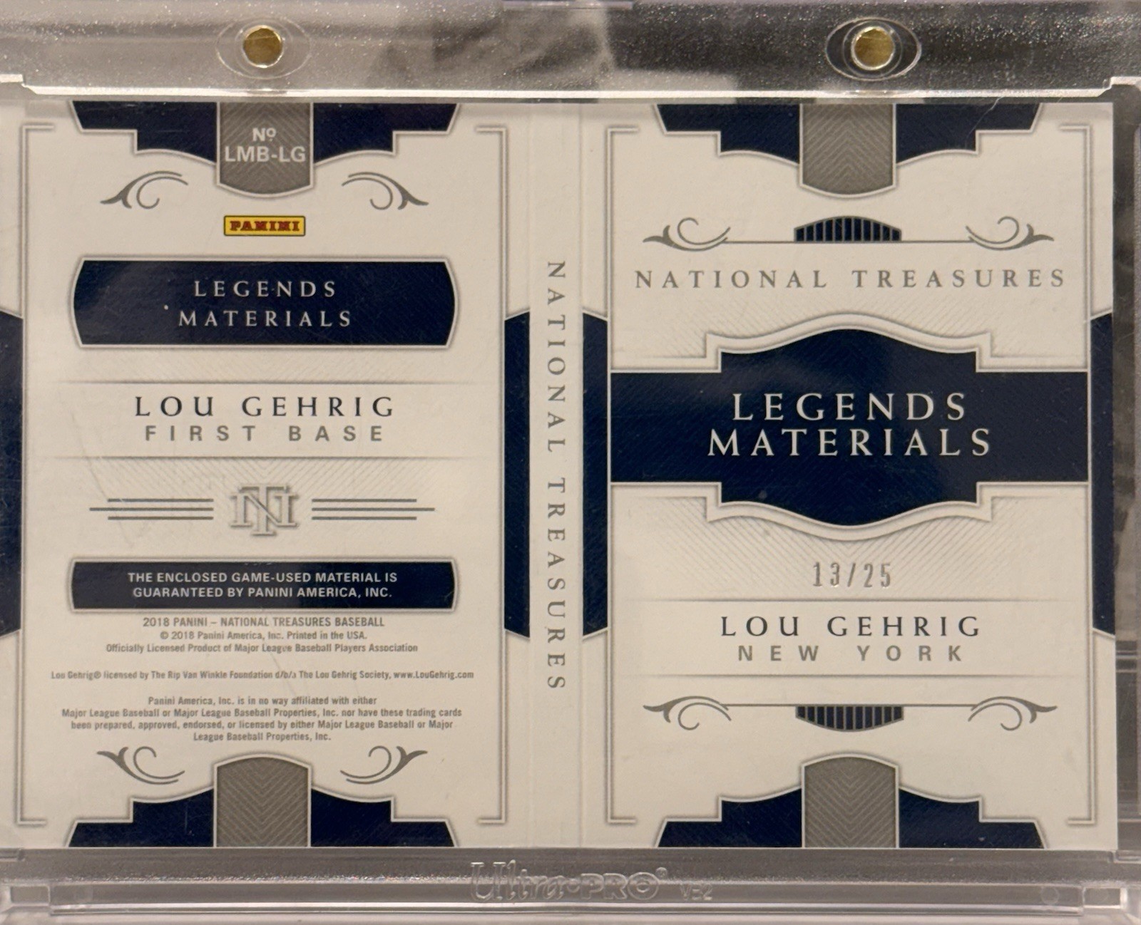 HOF Lou Gehrig 2018 Panini Gold National Treasures- Game Used Jersey /25 view 2