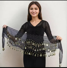 Belly Dance Coin Hip Scarf Belt Black Chiffon Gold Coins 140cm New Sealed