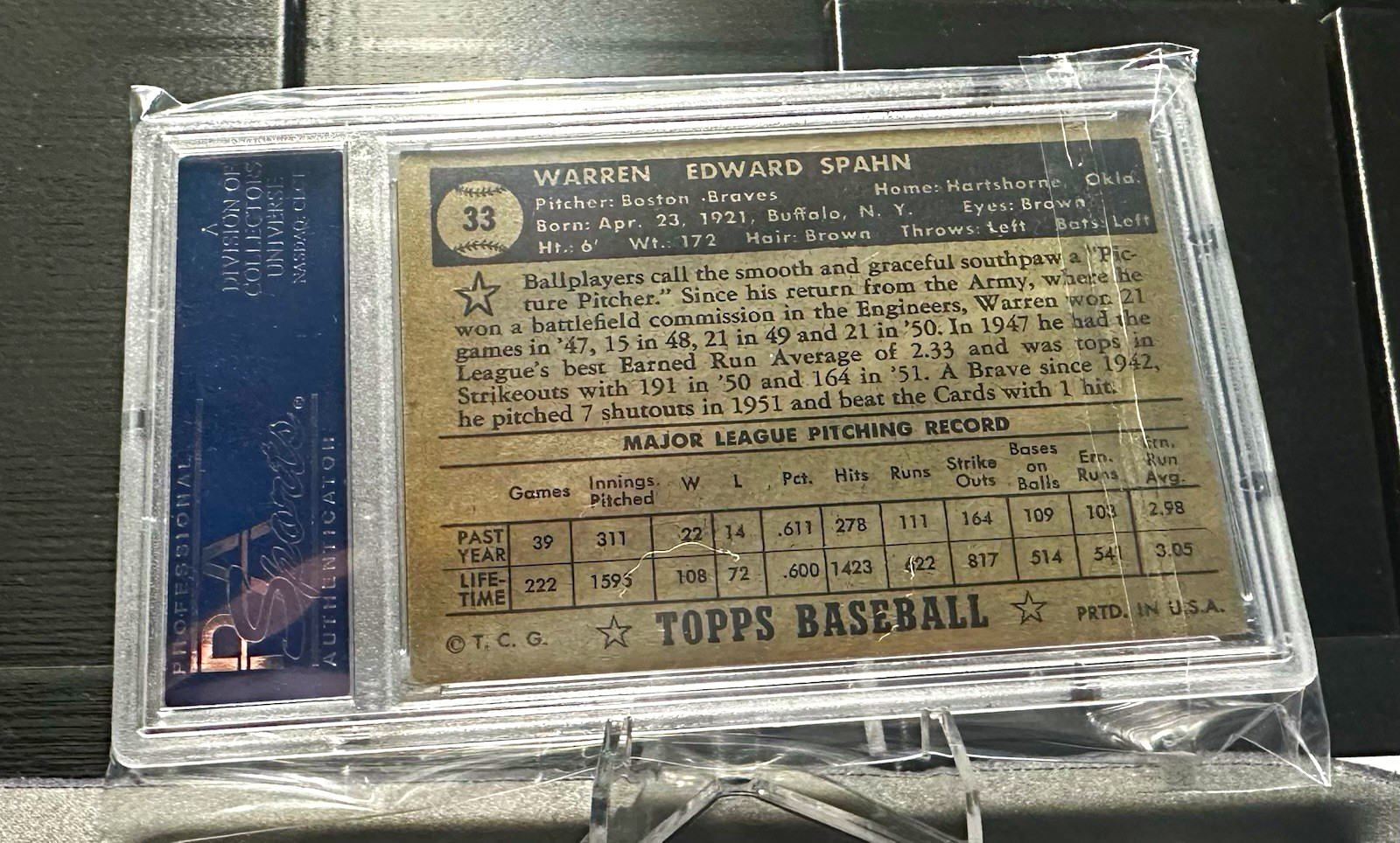 Topps 1952 Topps Warren Spahn #33 Black Back Baseball PSA 5 18292103 view 11