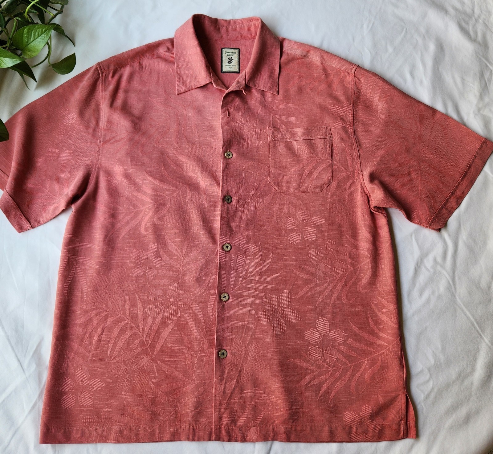 Vintage Jamaica Jaxx 100% Silk Palm Leaves Short Sleeve Button Up Men's Shirt L