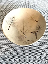 Vintage 1990 Signed Pressed Leaves Rustic Unglazed Beige Pottery Bowl Trinket 