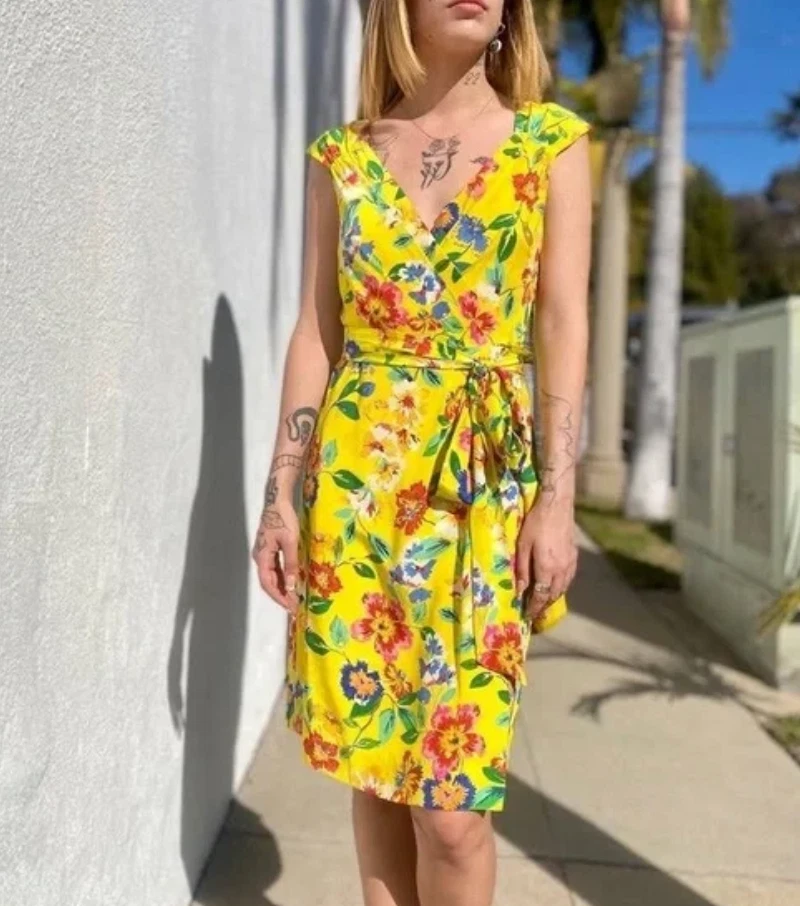 Abito Kate Spade Cathleen in seta giallo floreale avvolgente taglia:2