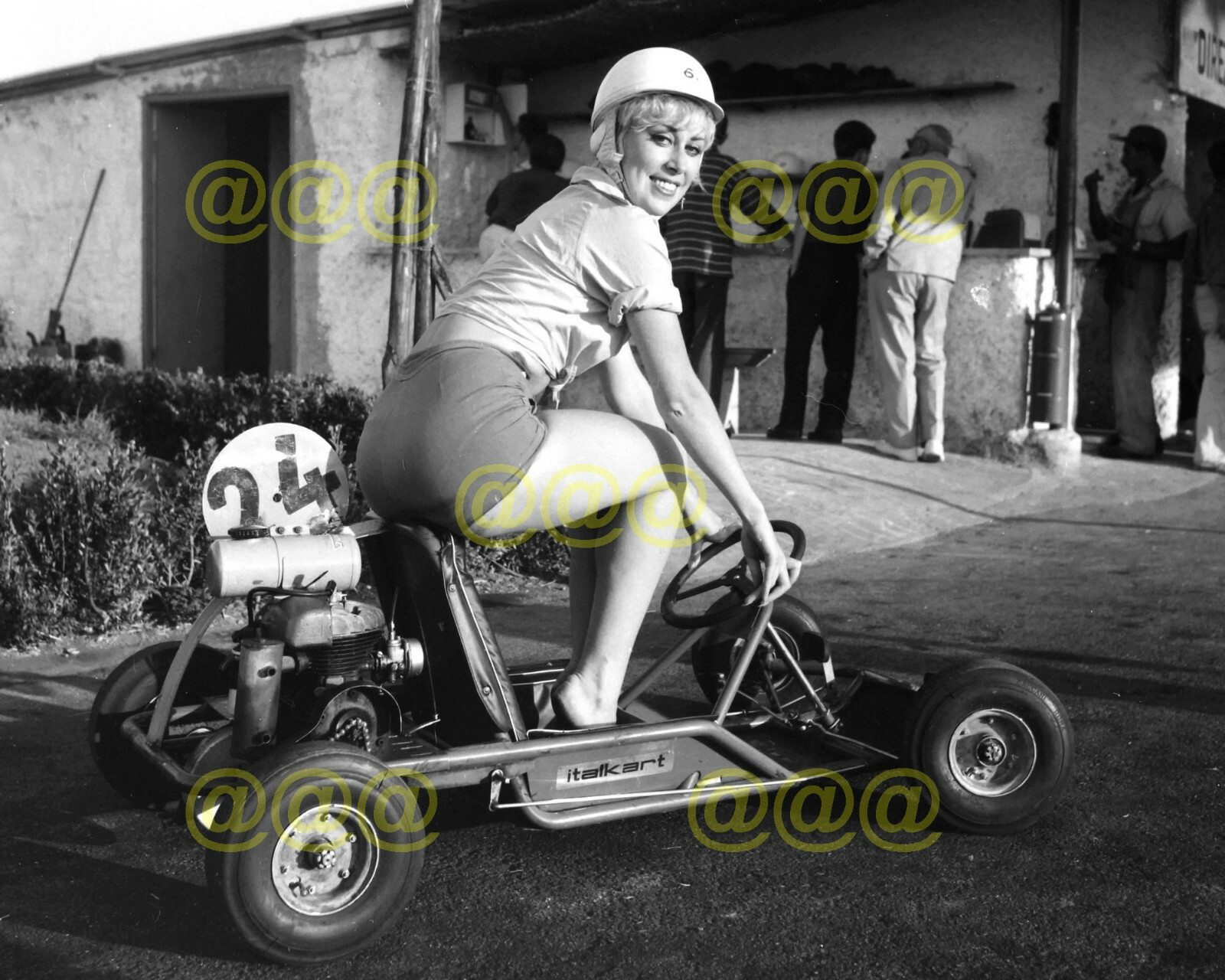 Photo - Margo Hamilton rides an Italkart go-kart during filming in Rome, 1961