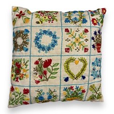 Vtg 13  Embroidered Floral Throw Pillow Flower Grid Distressed Farmhouse