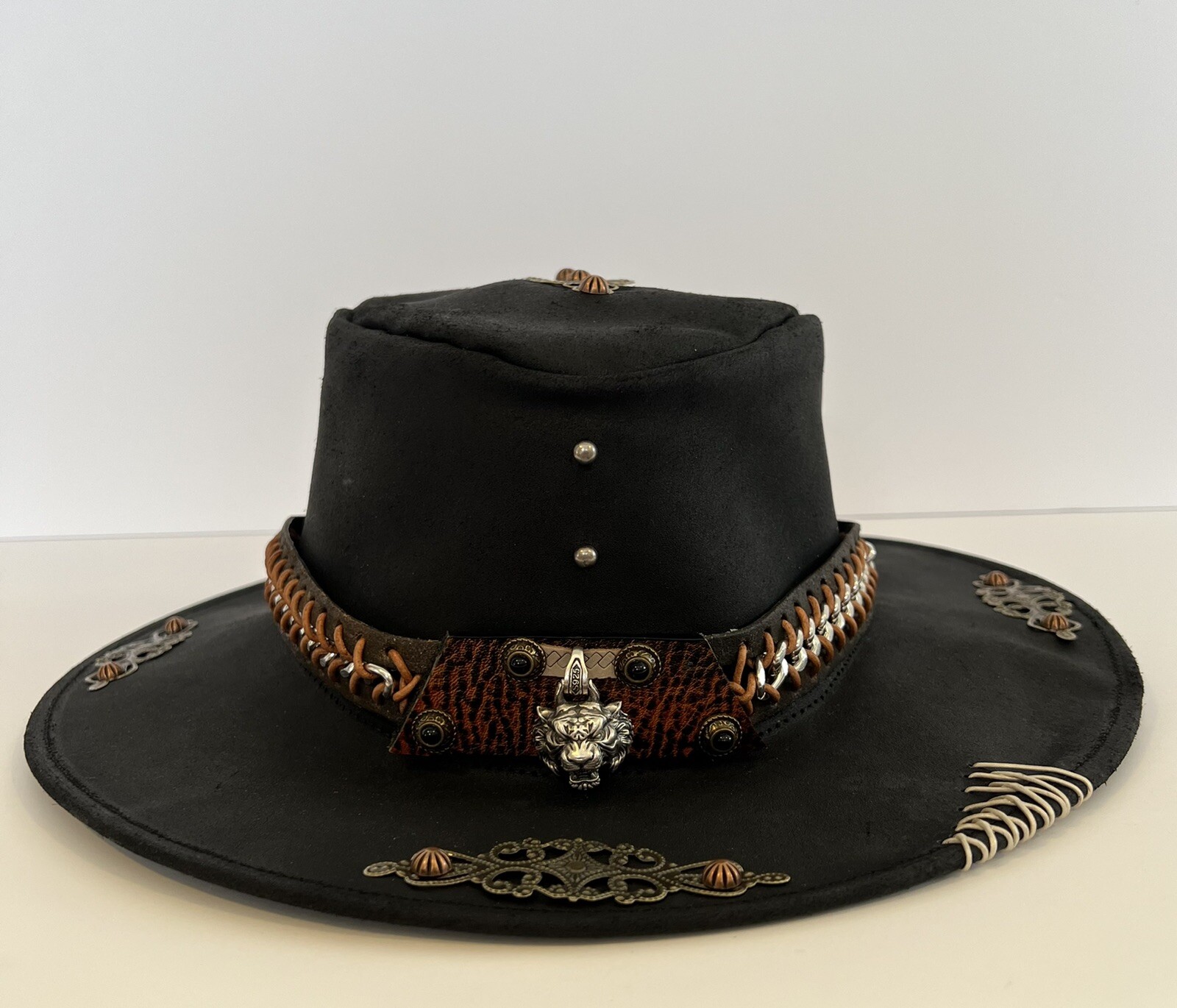 Hat Leather  Flat Brim Hunter Hunt Tiger