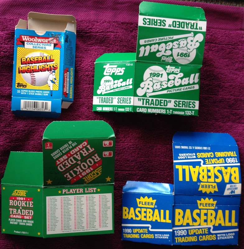 LOT (4): EMPTY SMALL SET BB CARD BOXES: 1988/90/91 FLEER/SCORE/TOPPS/WOOLWORTH