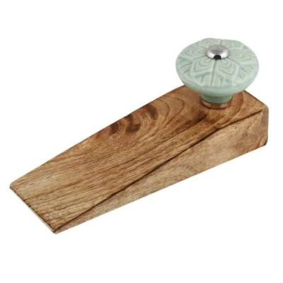 Sage Green Arrêt De Porte En Céramique Et Bois Fleur Roue - Photo 1/2