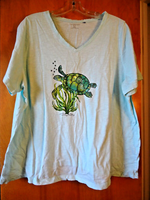 (BEO) Catherines Petite 1XWP 18/20 Light Green T-shirt w/ turtle, embellished