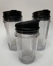NUTRI NINJA Blender  Set of 3 24oz 18oz Clear Cups + Black Drinking Sipping Lids