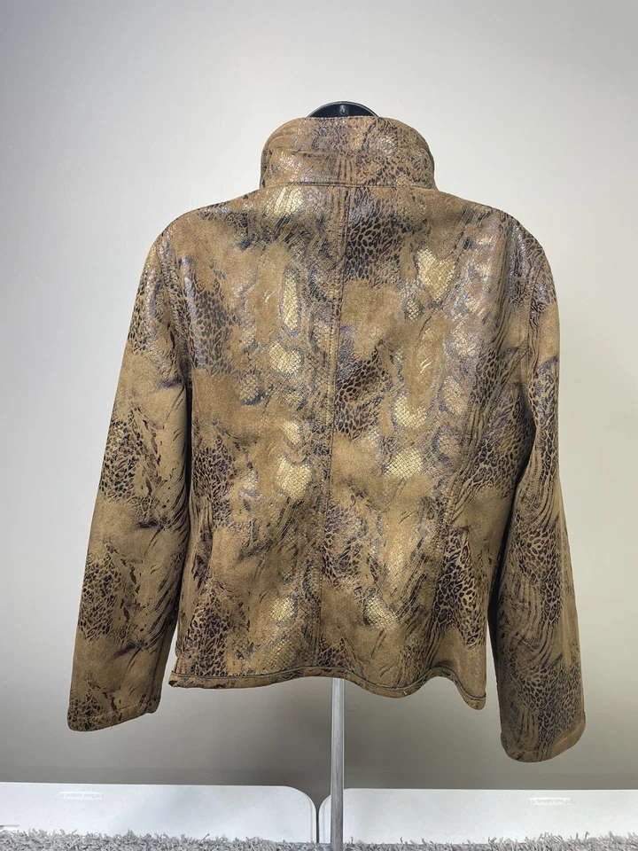 Ruby Rd. Women Brown Gold Black Faux Snakeskin Graphic VTG Bomber Jacket  14. - Image 2 of 4
