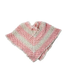 Vintage Handmade Crocheted Poncho Shawl Pink White