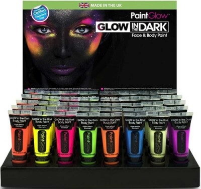 Glow in the Dark Gesicht Body Paint GID 90er Rave Disco rot blau Make-up Paintglow