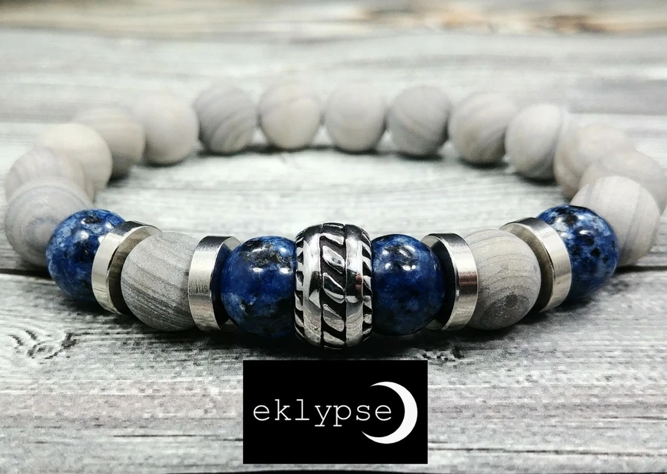 Brazalete con cuentas de piedras preciosas de jaspe a rayas de madera azul y gris de 8" L de acero inoxidable de 10 mm Foto 3 de 4