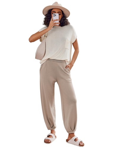 Two Piece Outfits Lounge Sets for Women Sweater Sets Knit Short Sleeve Tops J... - Picture 2 of 6