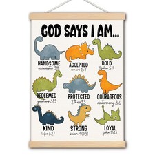 Dinosaur Wall Decor, God Says I am Nursery Wall Art With Wooden Poster Hanger...
