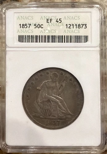 1857 50c Silver Seated Liberty Half Dollar            EF 45 ANACS