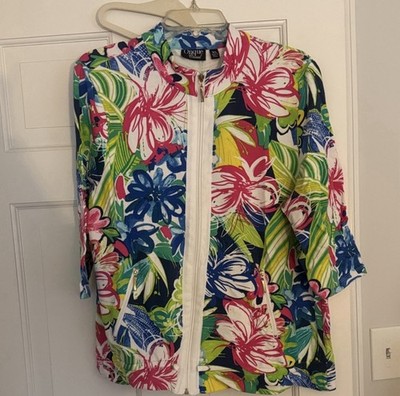 Onque Casual Floral Zip Front Collared Multicolor Blouse XL 3/4 Sleeve