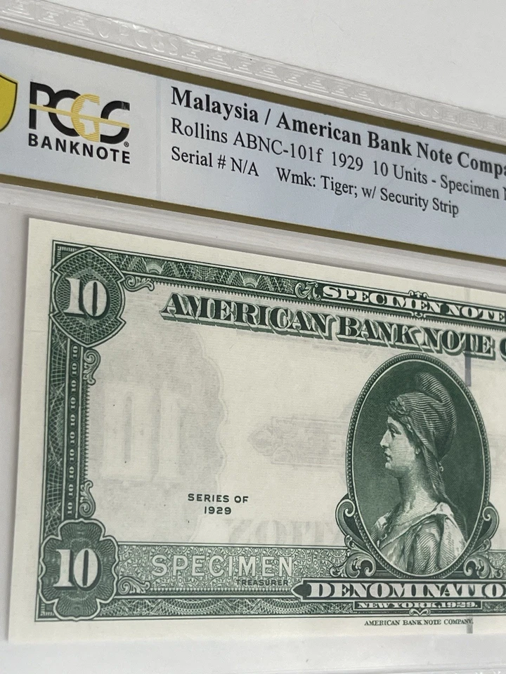 MALASIA/EMPRESA AMERICANA DE BILLETES 1929 10 UNIDADES BILLETE EJEMPLAR PCGS MS-65 PPQ Foto 3 de 4