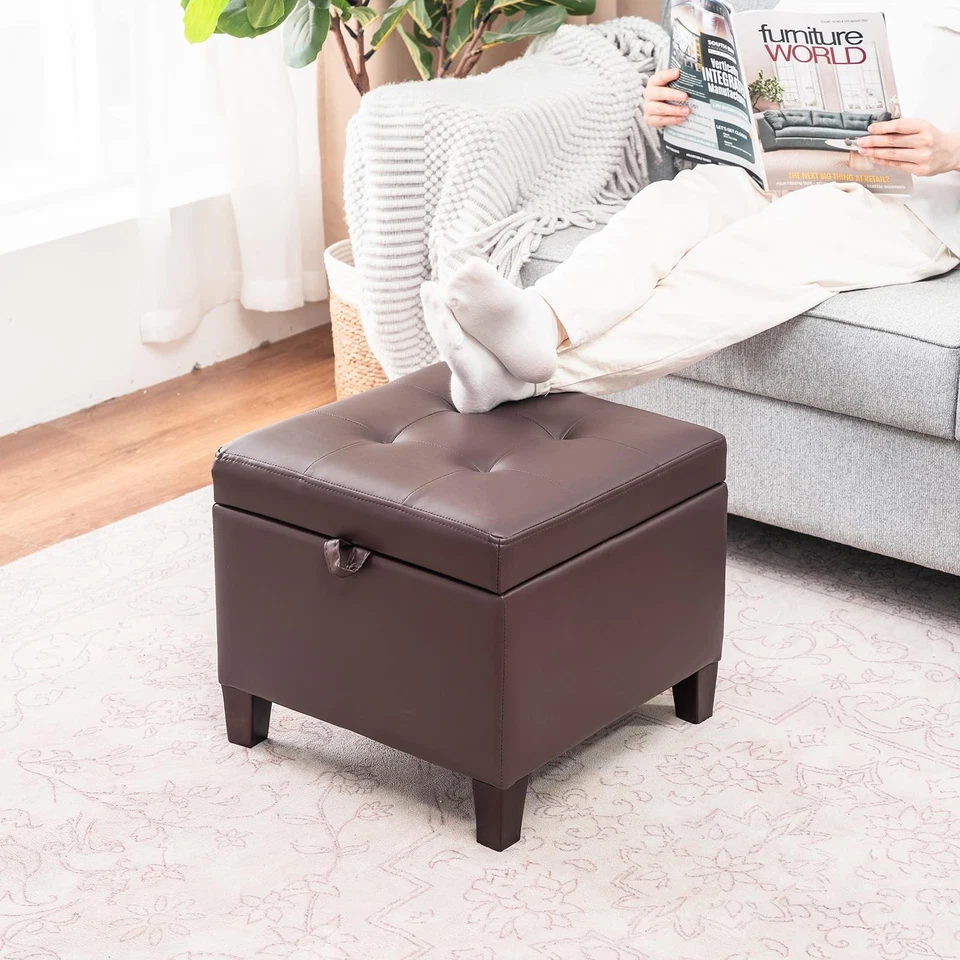 17 Inch Square Storage Ottoman,Small Foot Rest Stool for Couch, Faux Leather - Image 3 of 4