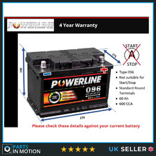 Car Battery 096 Powerline 096 600A 60Ah 4Yr Warranty 278x175x190