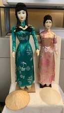 Vietnamese Souvenir Doll Set of 2 - Traditional Dress Doll in Green  Pink w/Hat