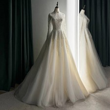 Elegant Luxury Wedding Dress Bead Pearl Long Sleeves V-Neck Princess Bridal Gown