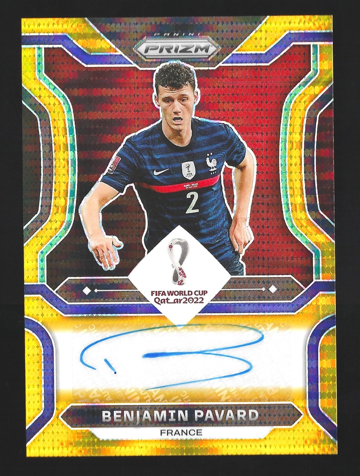 2022 Panini Prizm World Cup Benjamin Pavard Gold Pulsar Prizm Auto 05/10 France