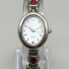 Red Crystals Bracelet Watch Womens20mm Silver Tone MOP Oval New Battery 7"