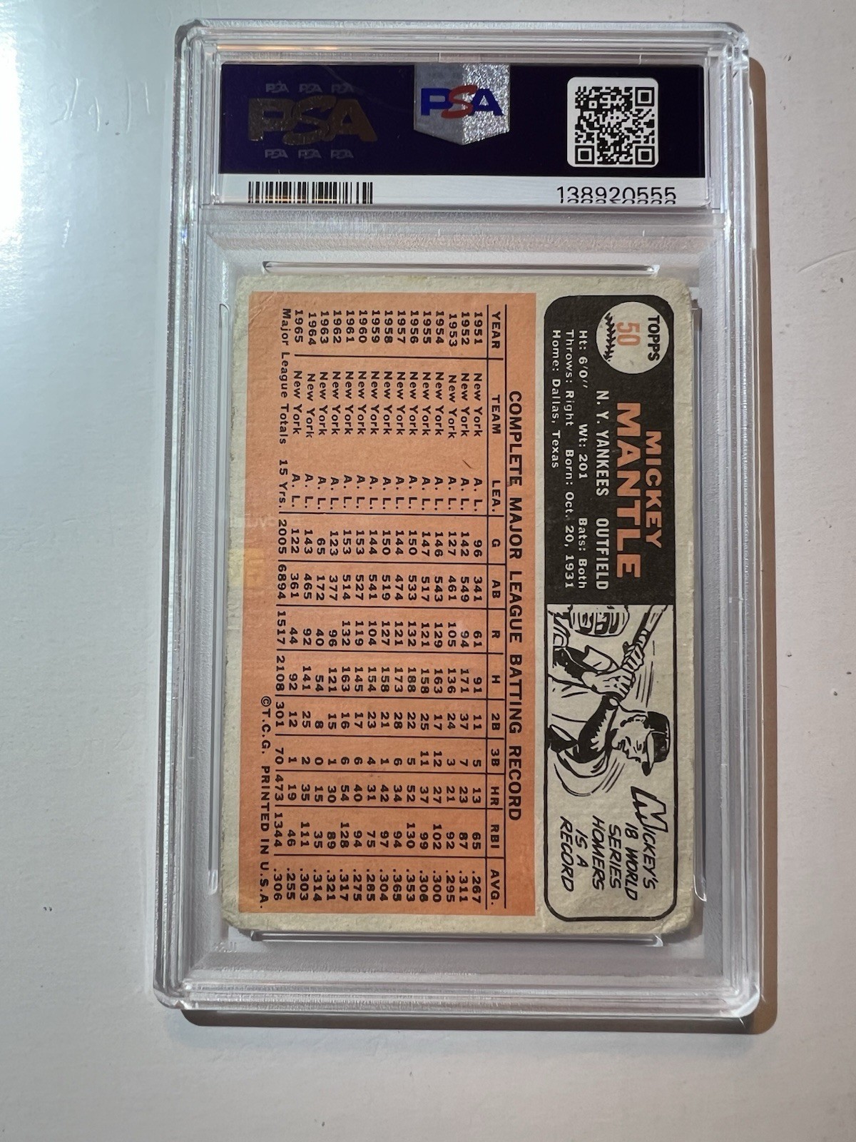 Topps 1966 Mickey Mantle #50 New York Yankees PSA 1 Graded Base Card view 5