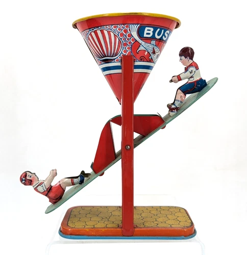 Rare 1950s Vintage J. Chein Tin Litho See-Saw "Busy Mike" 7" Sand Toy