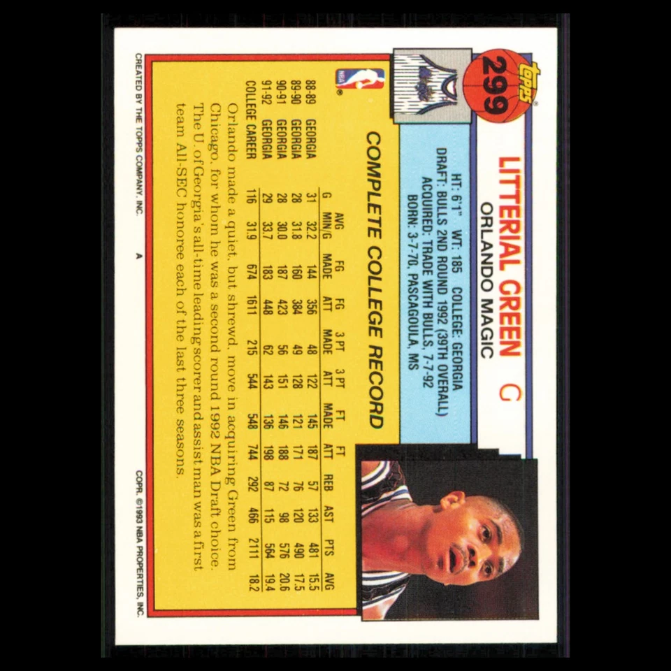 Litterial Green Rookie #299 1992 Topps Orlando Magic Basketball Card NBA NM - Image 2 of 3