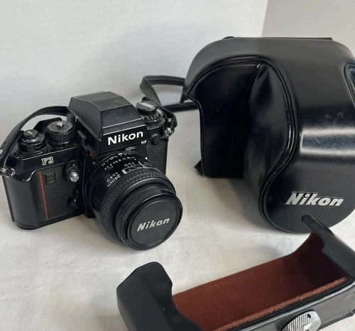 Nikon F3 HP 35mm SLR Film Camera Body +Nikon 50mm f/1.8 Lens Case & Strap Clean!